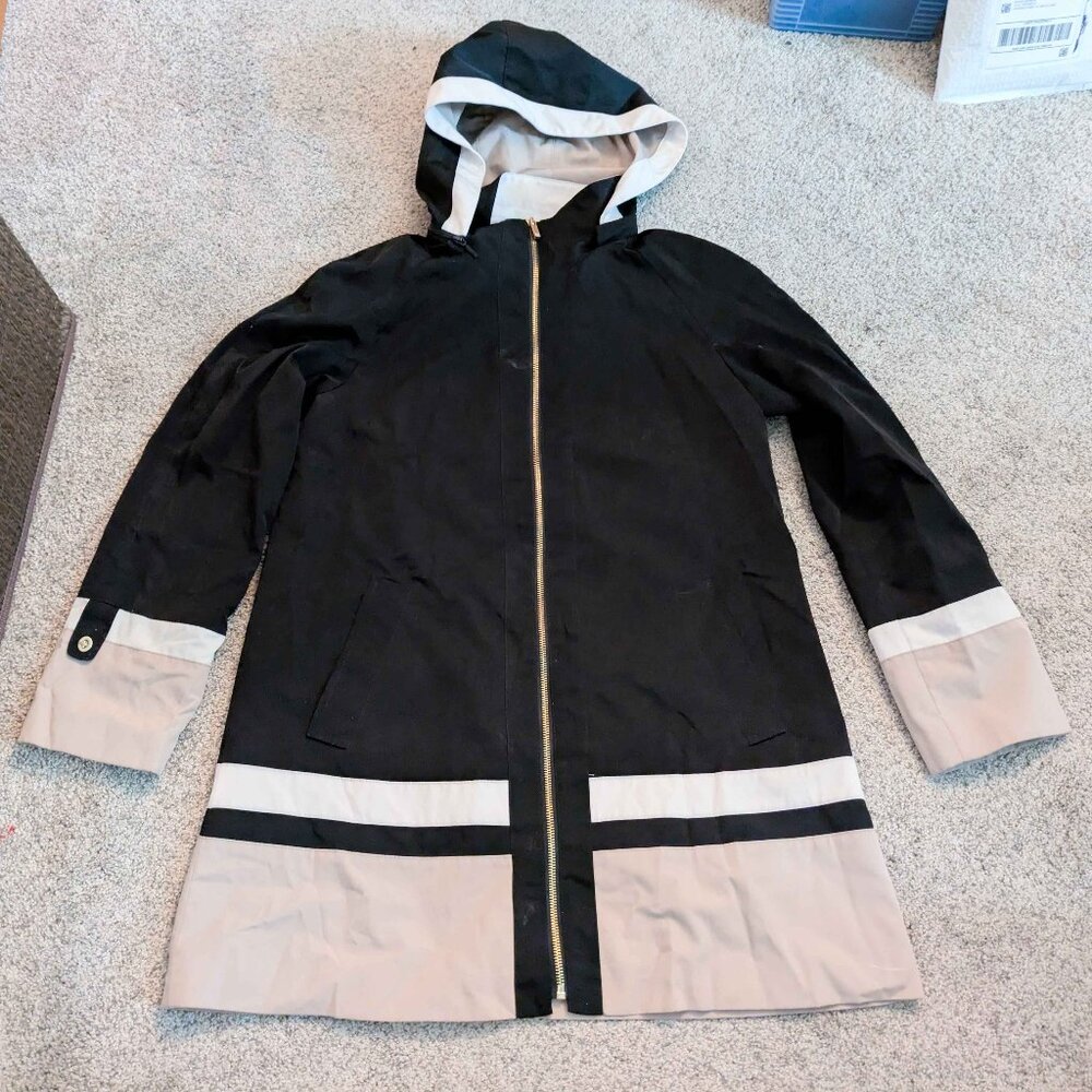 Jones New York Coat Zip Up Black Tan White Small Women’s Waterproof w/ Hood